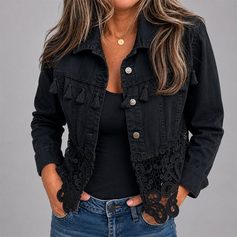 Anna - Women's Lace Hem Denim Jacket