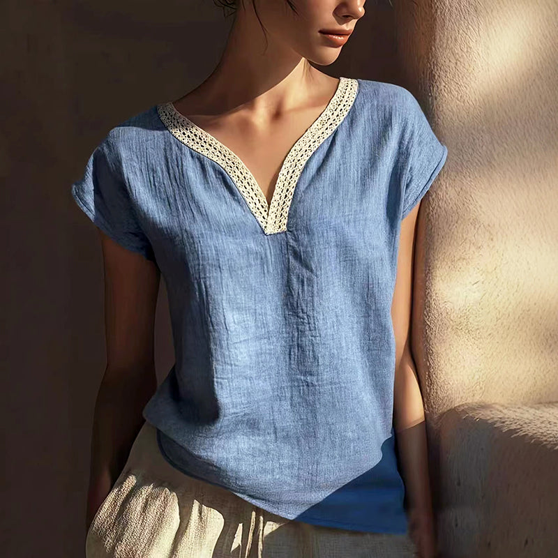Annie - Women’s Boho Crochet Trim V-Neck Blouse