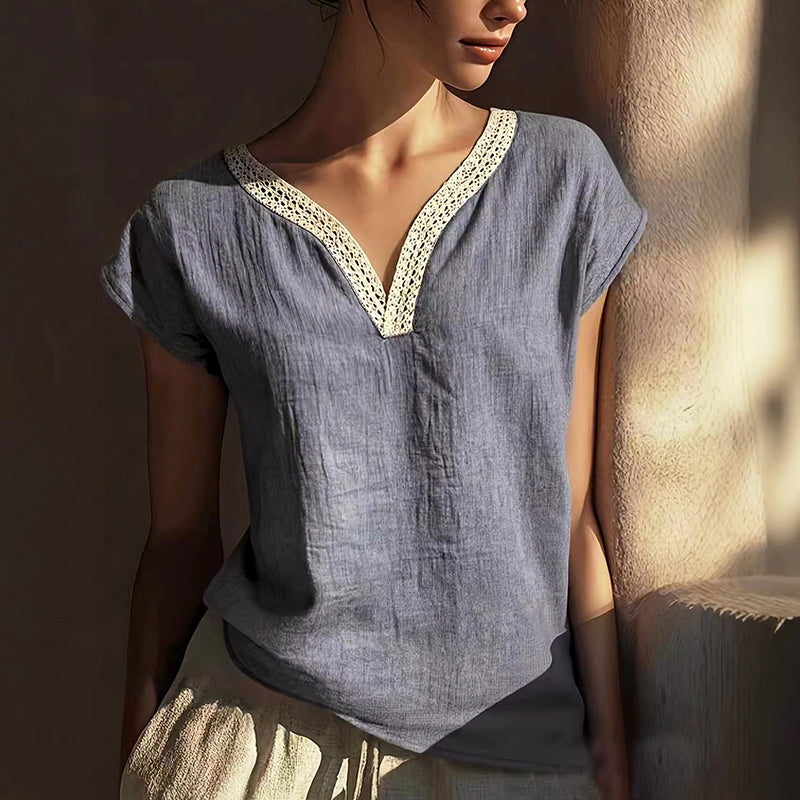 Annie - Women’s Boho Crochet Trim V-Neck Blouse