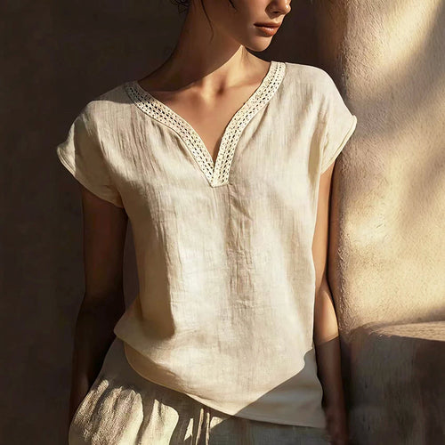 Annie - Women’s Boho Crochet Trim V-Neck Blouse