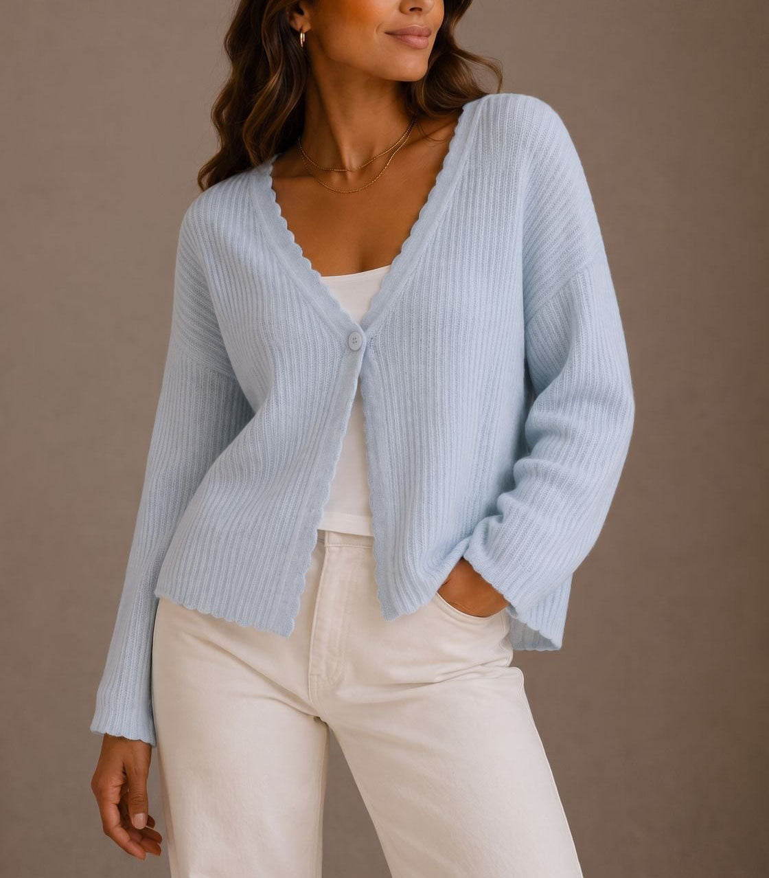 Annika - Women's Ribbed Cardigan with Scalloped Trim