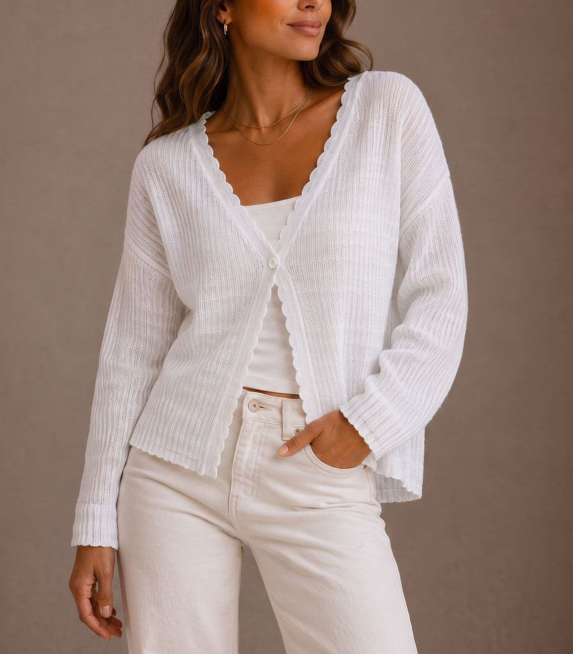 Annika - Women's Ribbed Cardigan with Scalloped Trim