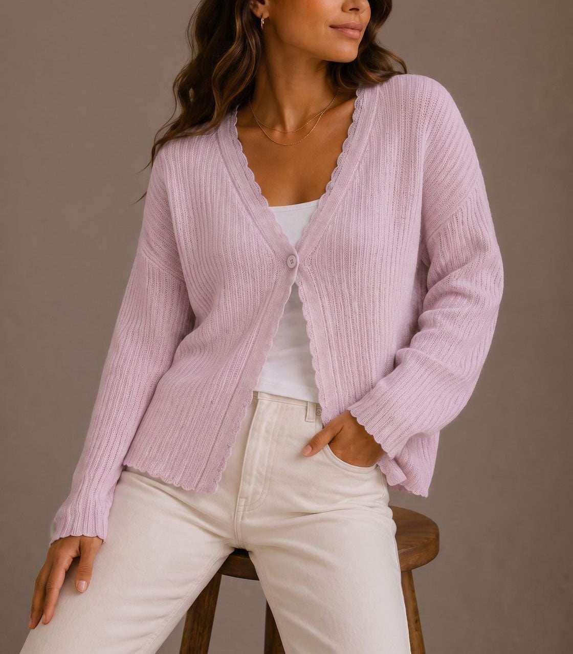 Annika - Women's Ribbed Cardigan with Scalloped Trim