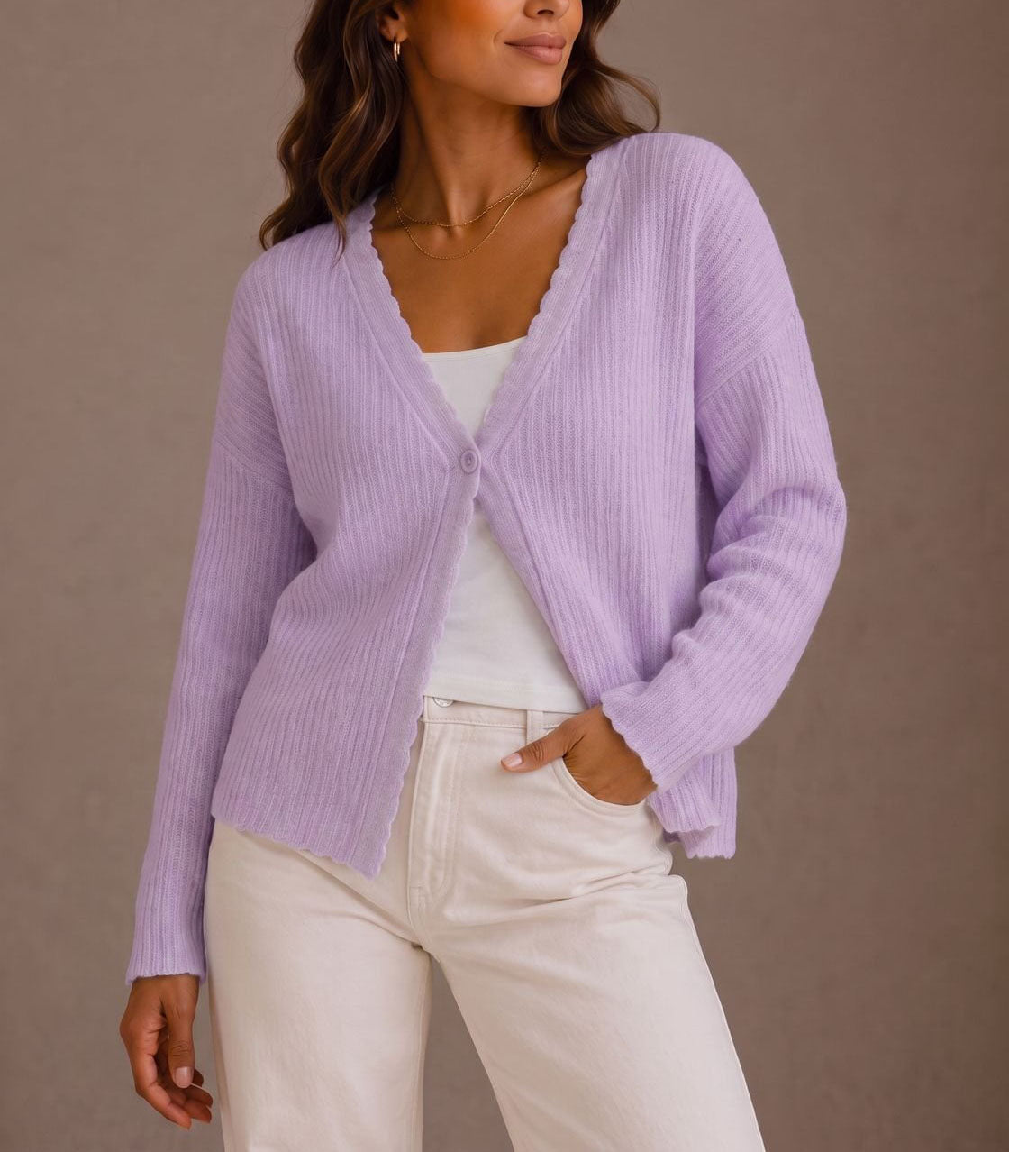 Annika - Women's Ribbed Cardigan with Scalloped Trim