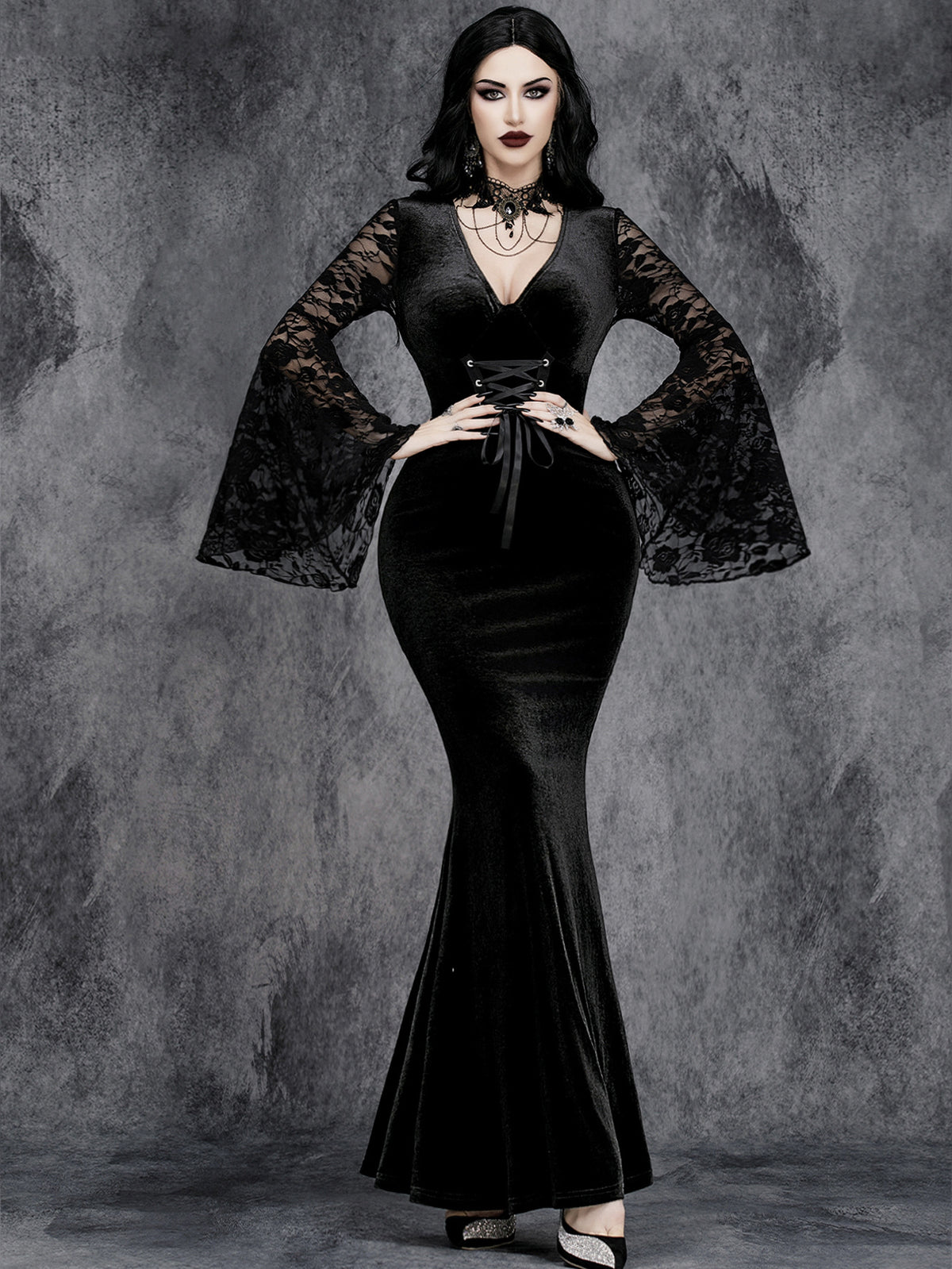 Arleth - Women's Bell Sleeve Goth Halloween Costume Dress
