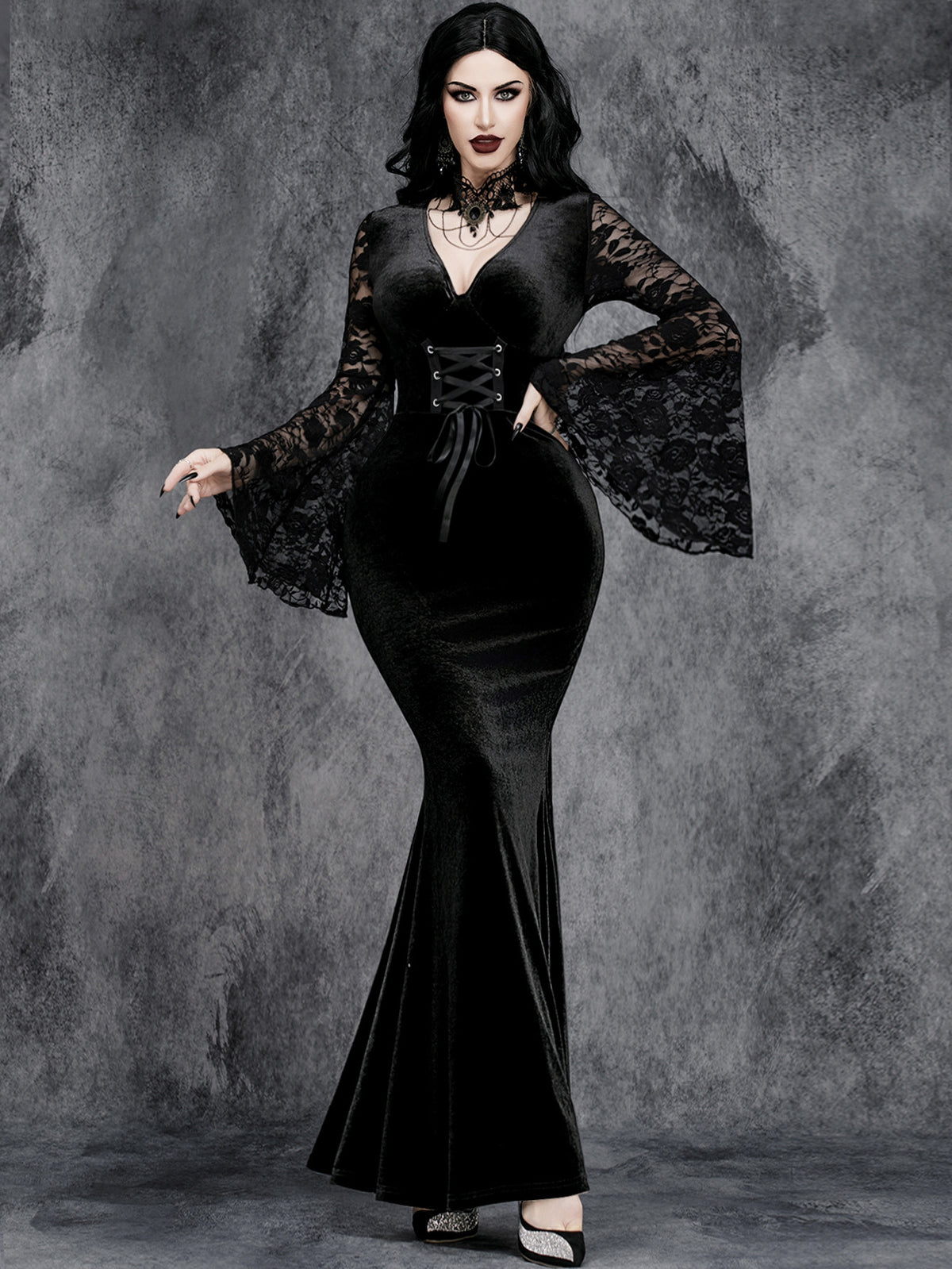 Arleth - Women's Bell Sleeve Goth Halloween Costume Dress