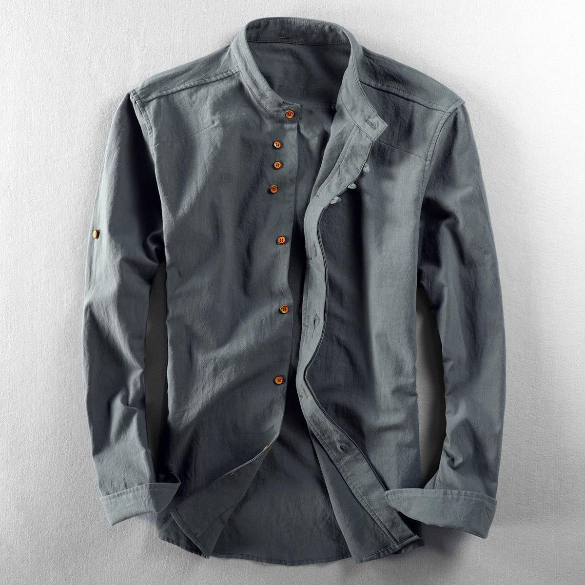 Arthur - Men's Linen Band Collar Button Shirt