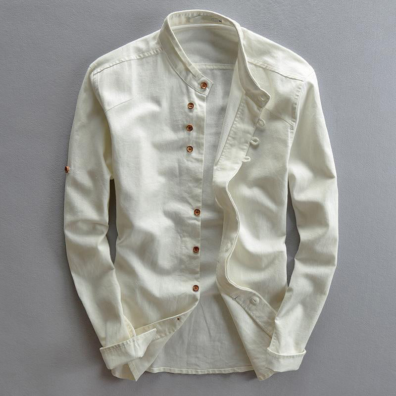 Arthur - Men's Linen Band Collar Button Shirt