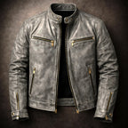Arthur - Men's Vintage Leather Moto Jacket with Gold Zip Hardware