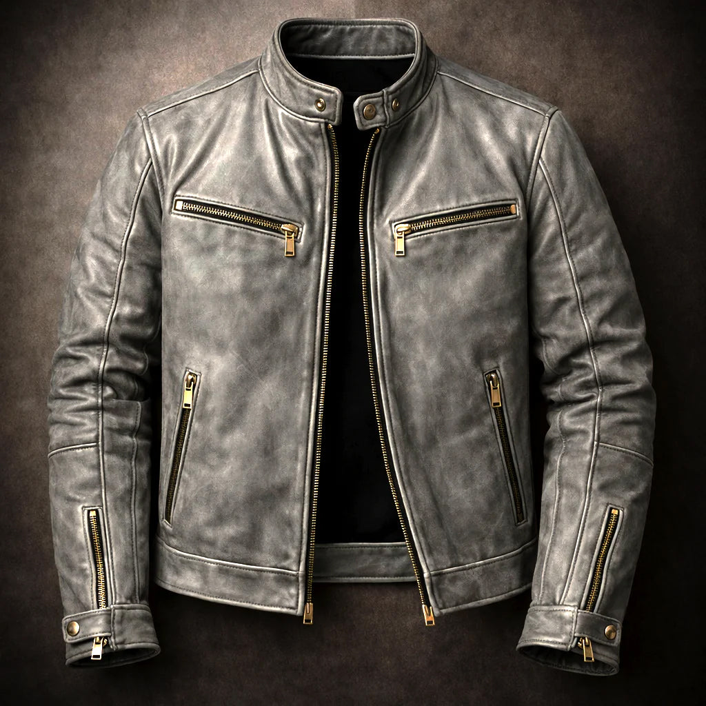 Arthur - Men's Vintage Leather Moto Jacket with Gold Zip Hardware