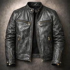 Arthur - Men's Vintage Leather Moto Jacket with Gold Zip Hardware