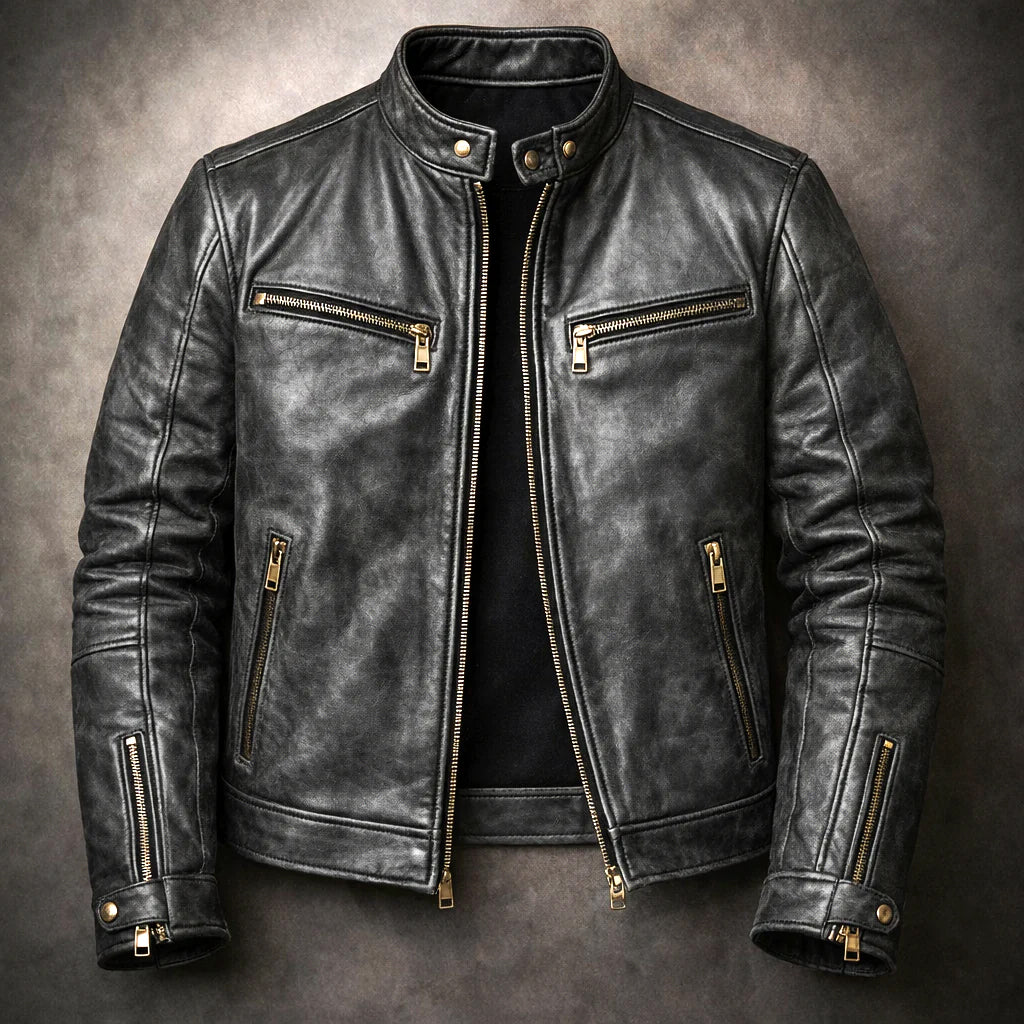 Arthur - Men's Vintage Leather Moto Jacket with Gold Zip Hardware