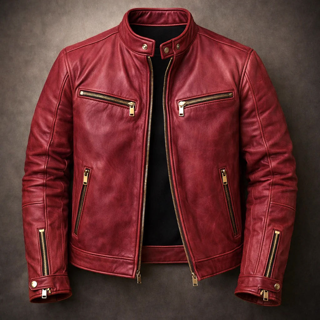 Arthur - Men's Vintage Leather Moto Jacket with Gold Zip Hardware