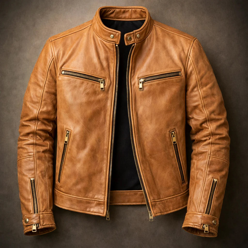 Arthur - Men's Vintage Leather Moto Jacket with Gold Zip Hardware