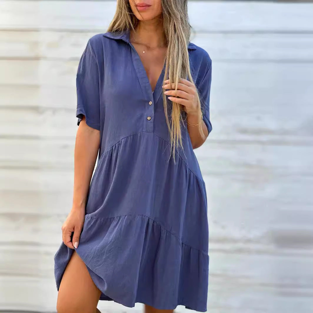 Ashley - Women's Collared V-Neck Tiered Mini Dress