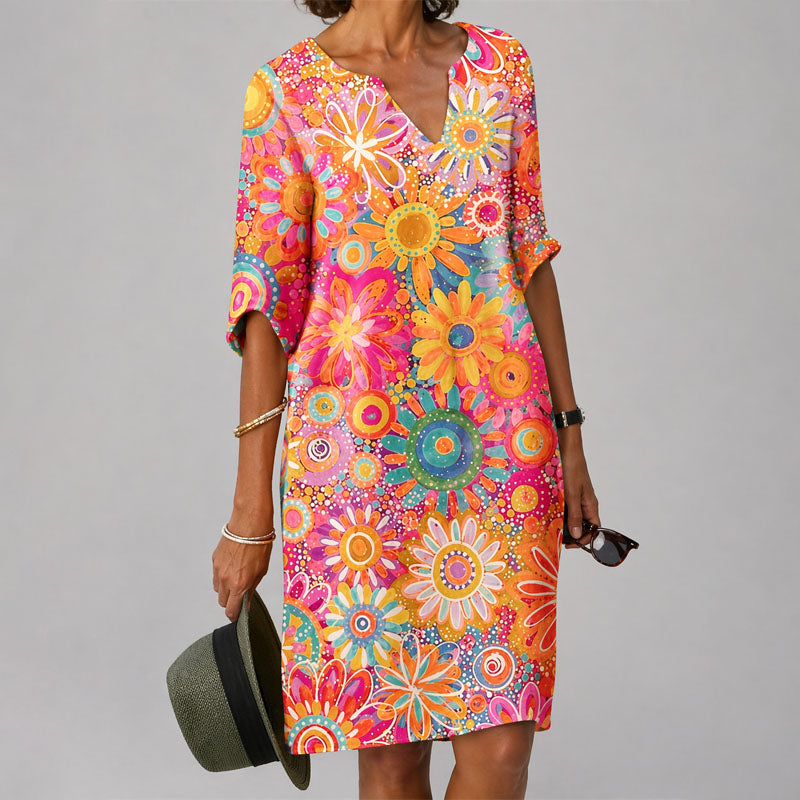 Audrey - Women's Half-Sleeve Artistic Floral Midi Dress
