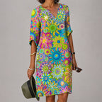 Audrey - Women's Half-Sleeve Artistic Floral Midi Dress