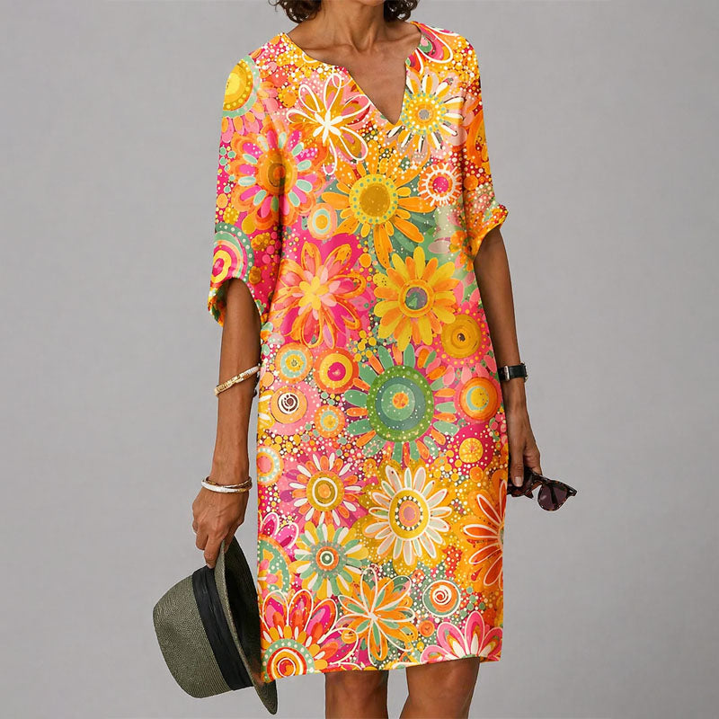 Audrey - Women's Half-Sleeve Artistic Floral Midi Dress