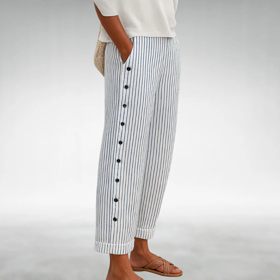 Avery - Women's Striped Button Detail Cropped Pants