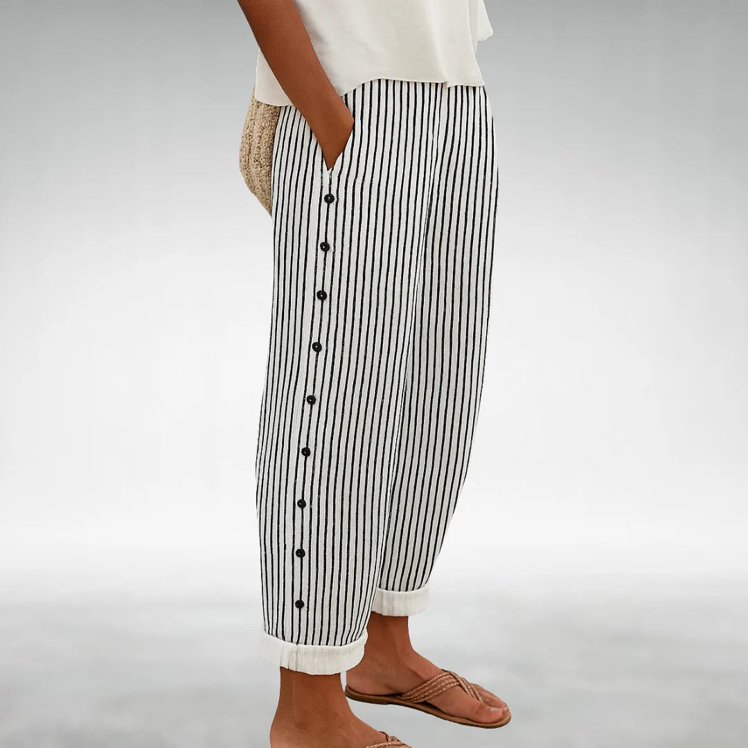 Avery - Women's Striped Button Detail Cropped Pants