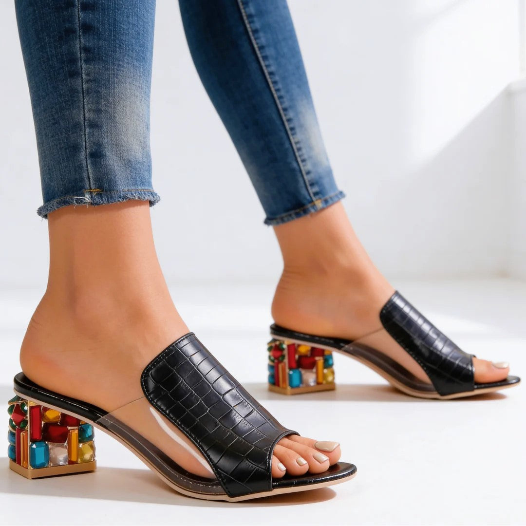 Barbara - Women's Open Toe Jewel Block Heel Sandals