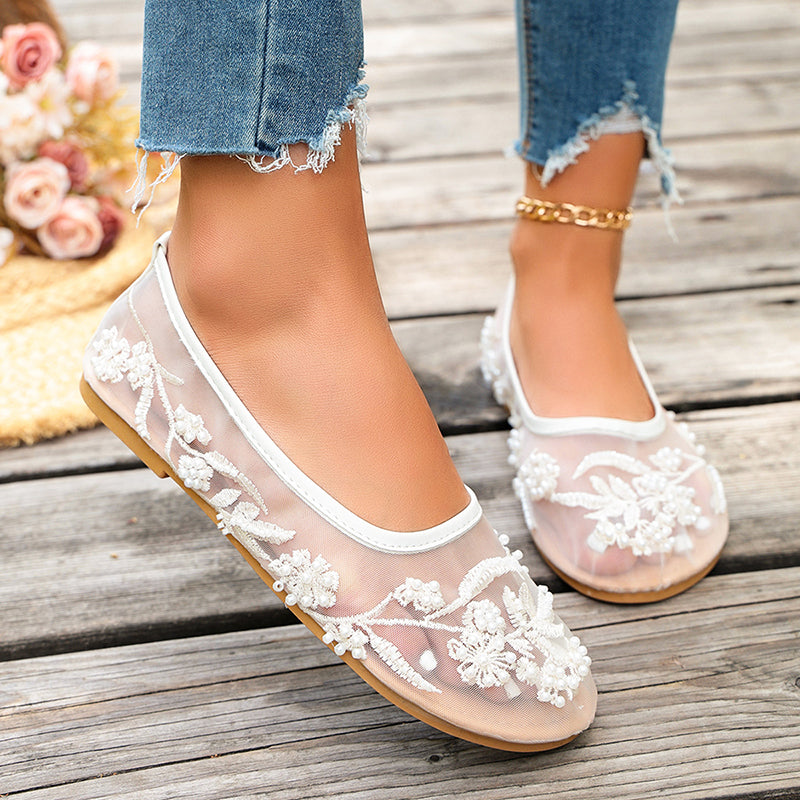 Beatrice - Women's Floral Embroidered Mesh Ballet Flats