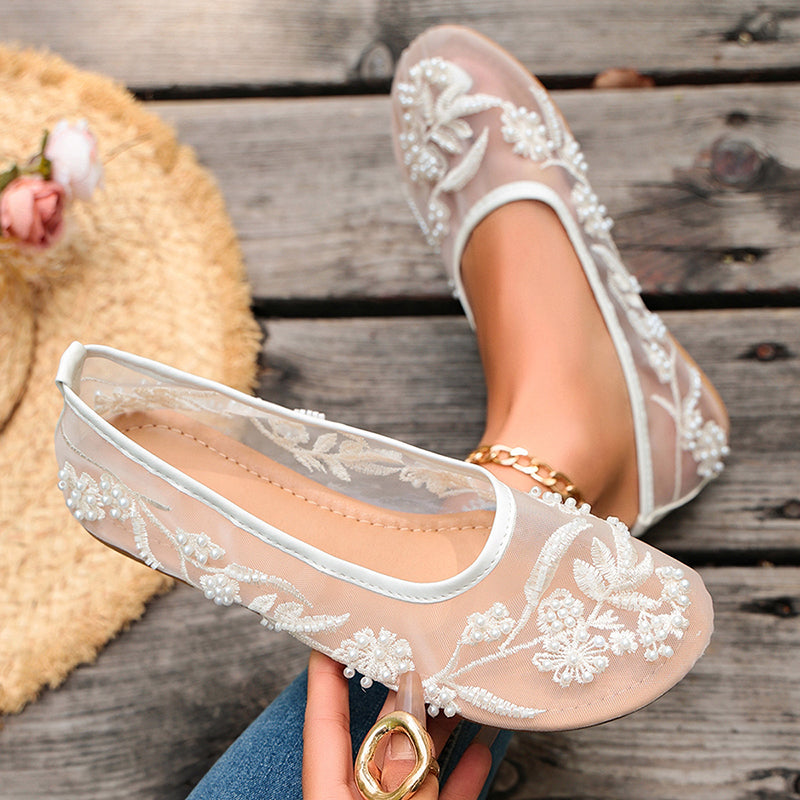 Beatrice - Women's Floral Embroidered Mesh Ballet Flats