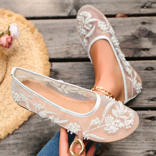 Beatrice - Women's Floral Embroidered Mesh Ballet Flats