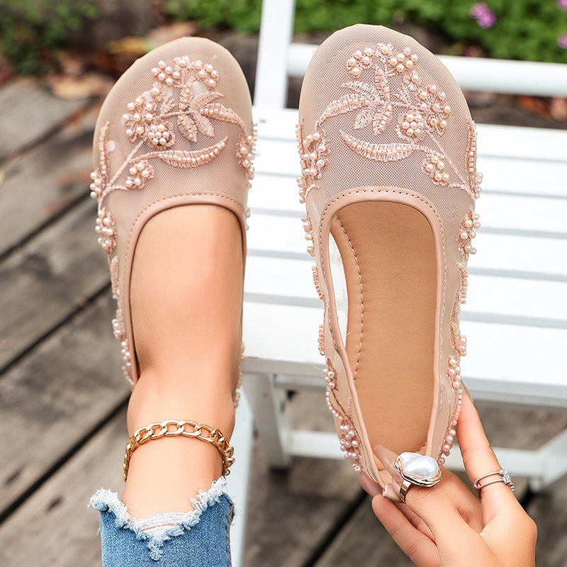 Beatrice - Women's Floral Embroidered Mesh Ballet Flats