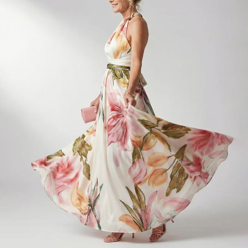 Bianca - Women's Sleeveless Halter Flowing Print Dress