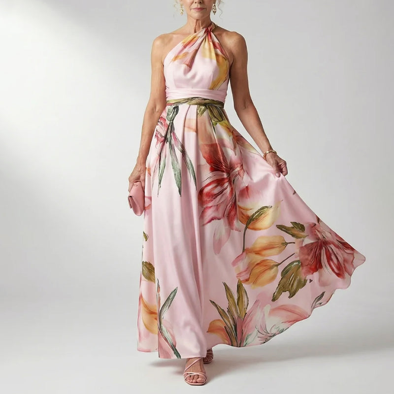 Bianca - Women's Sleeveless Halter Flowing Print Dress