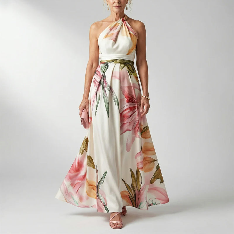 Bianca - Women's Sleeveless Halter Flowing Print Dress