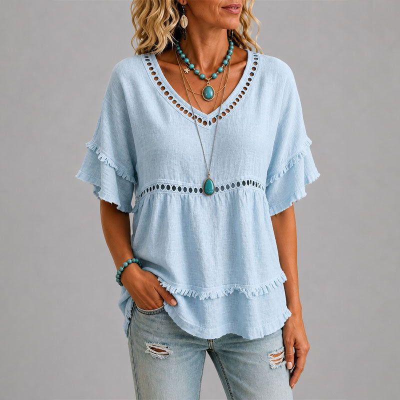 Brenda - Women's Boho Eyelet Trim Blouse