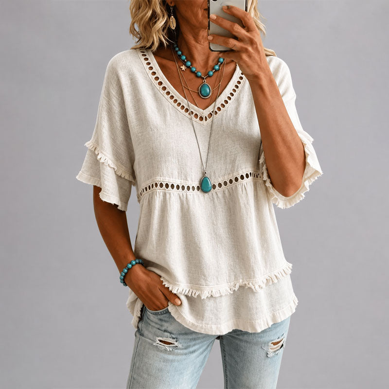 Brenda - Women's Boho Eyelet Trim Blouse
