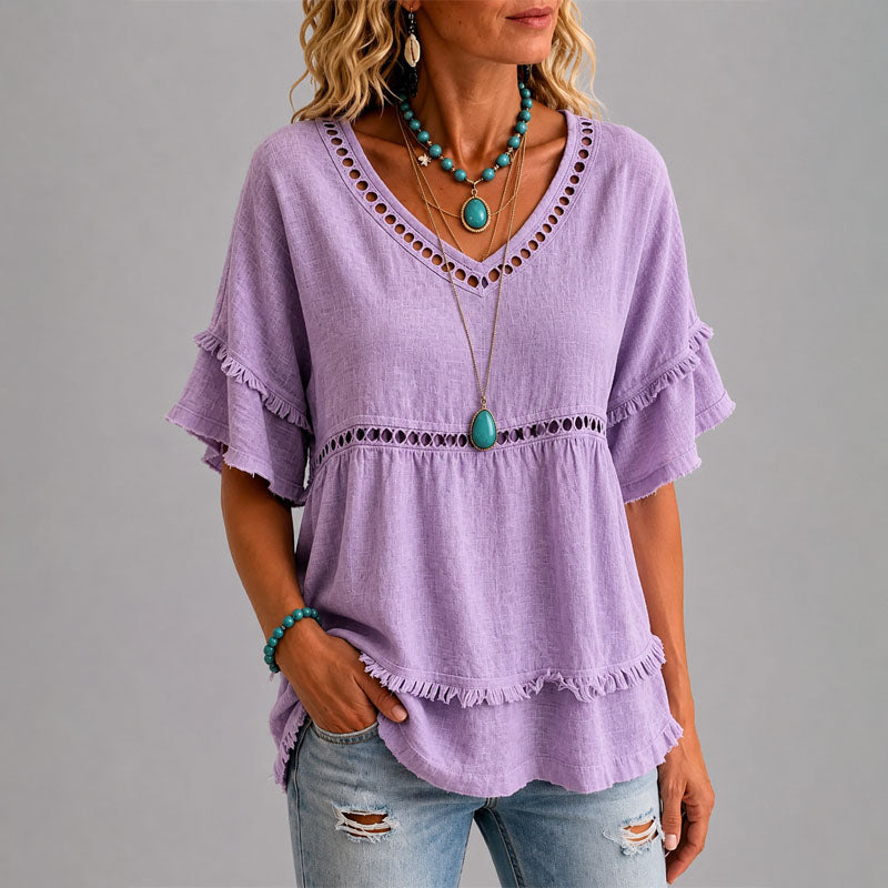 Brenda - Women's Boho Eyelet Trim Blouse
