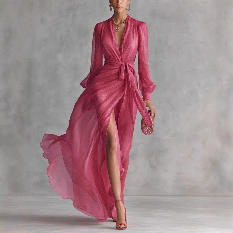 Cleo - Women's Elegant Sheer Sleeve Evening Maxi Dress