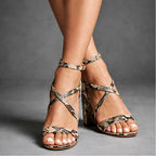 Brielle - Women's Ankle Strap Snakeskin Print Block Heel Sandals