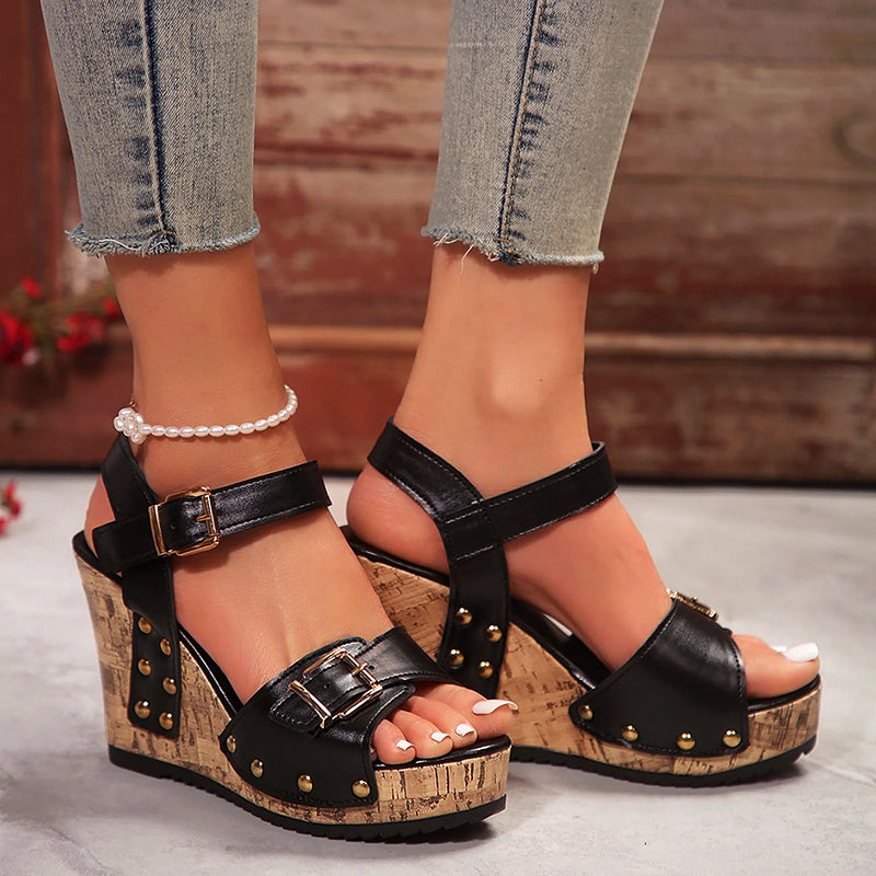 Brittany - Women's Studded Buckled Wedge Sandals