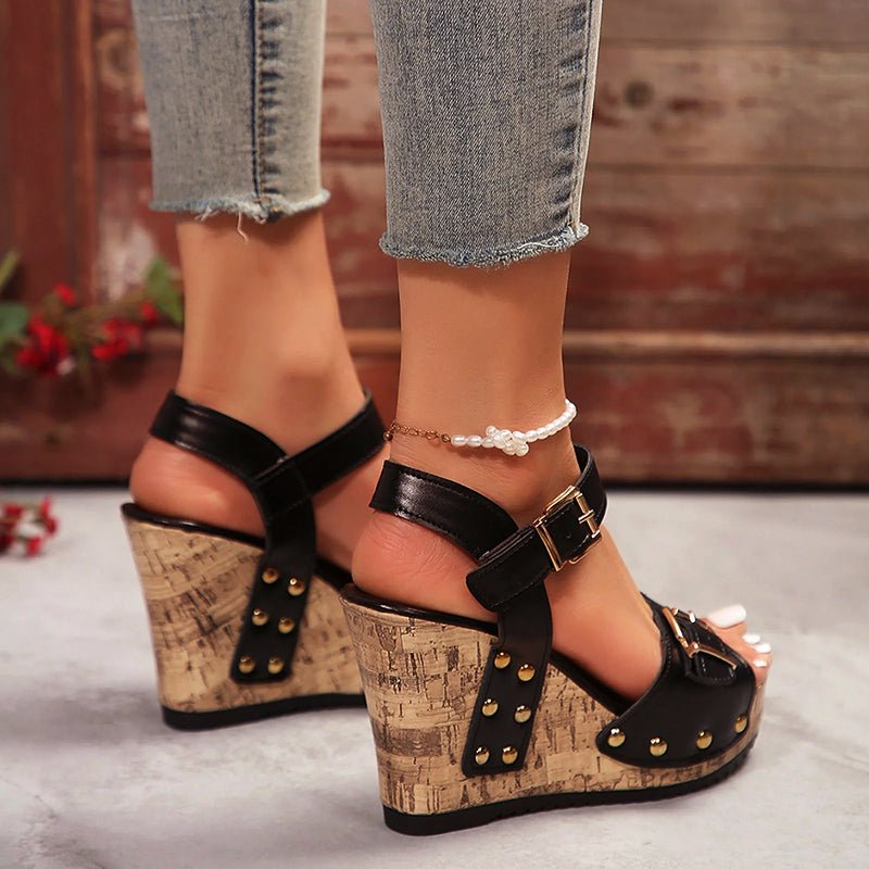 Brittany - Women's Studded Buckled Wedge Sandals