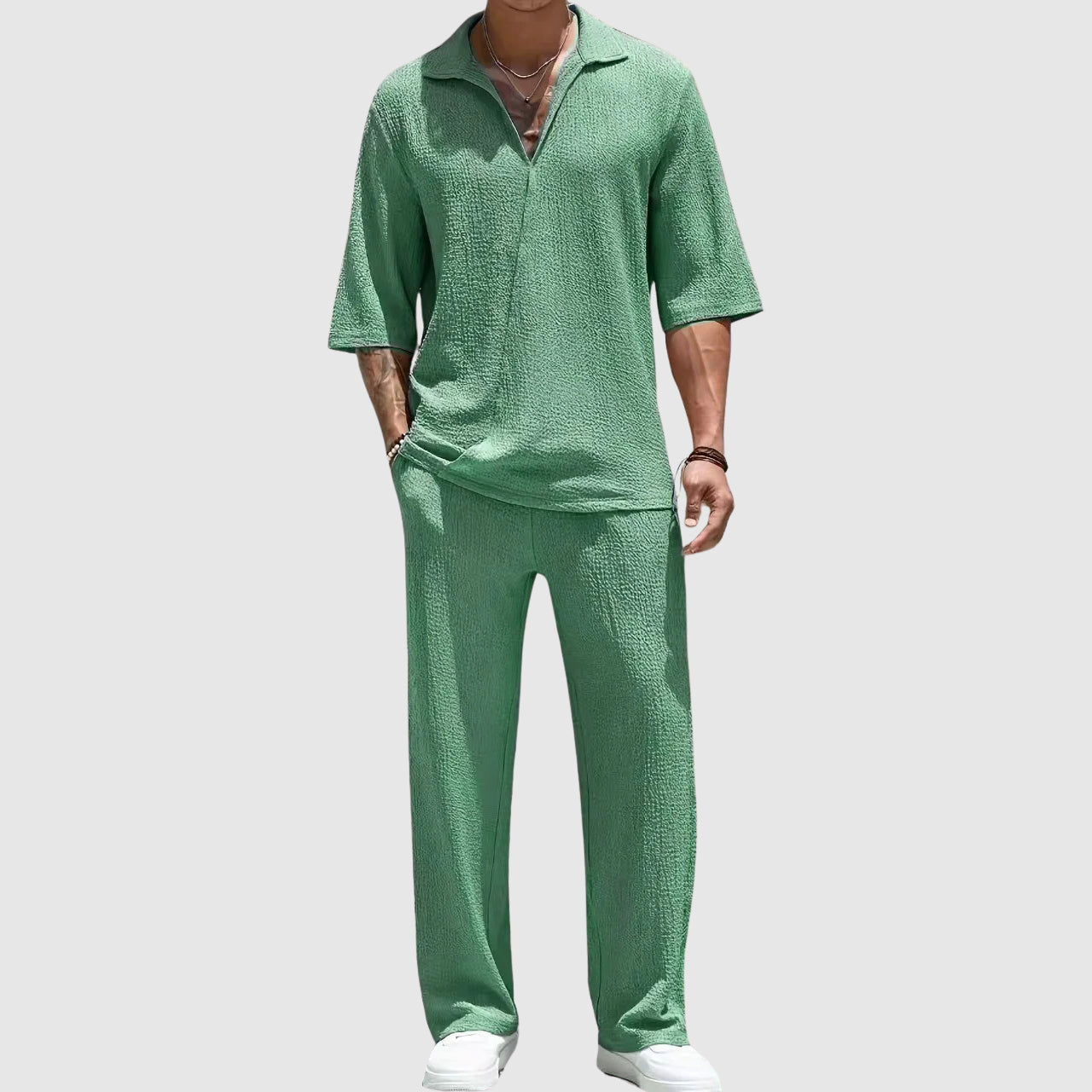 Brody - Men's Open Collar Casual Pullover and Wide-Leg Pants Set