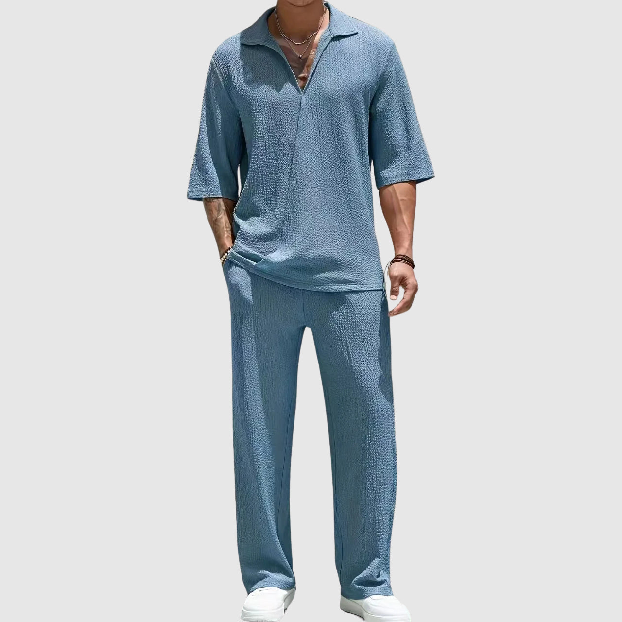 Brody - Men's Open Collar Casual Pullover and Wide-Leg Pants Set