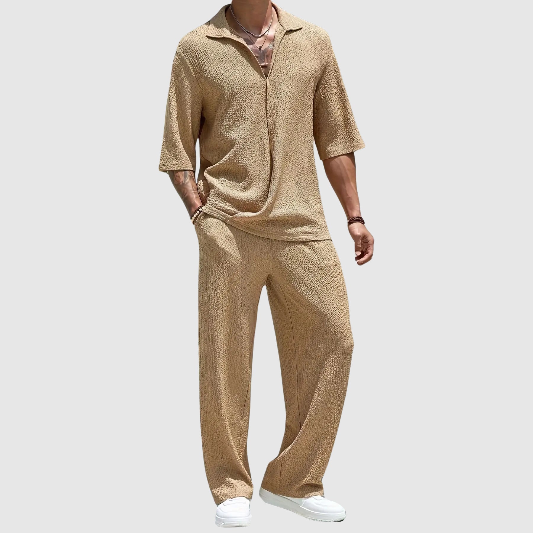 Brody - Men's Open Collar Casual Pullover and Wide-Leg Pants Set