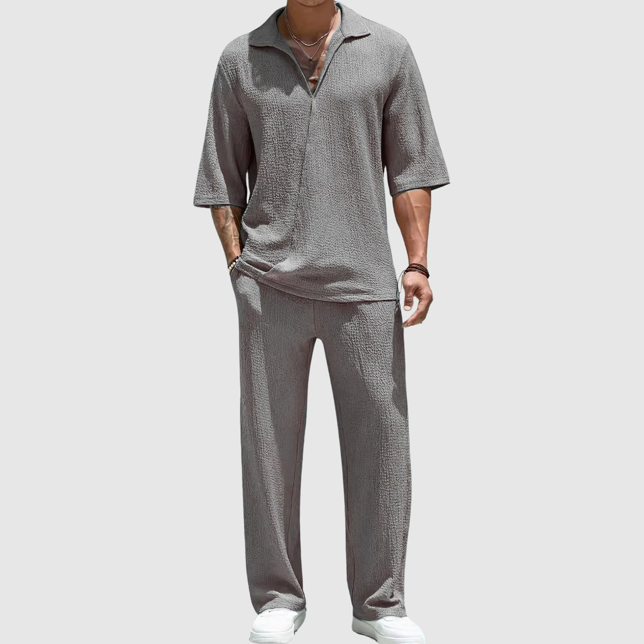 Brody - Men's Open Collar Casual Pullover and Wide-Leg Pants Set