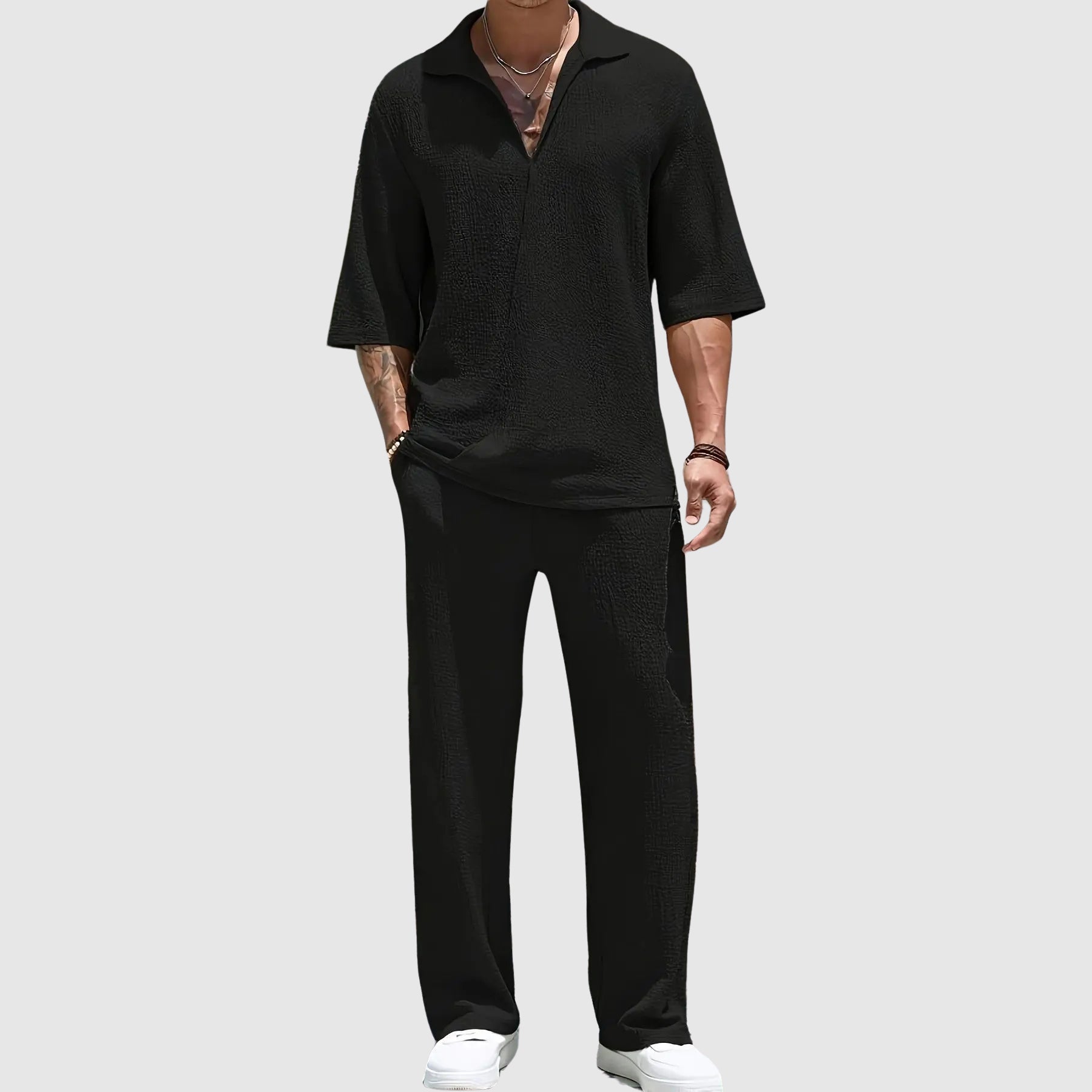 Brody - Men's Open Collar Casual Pullover and Wide-Leg Pants Set