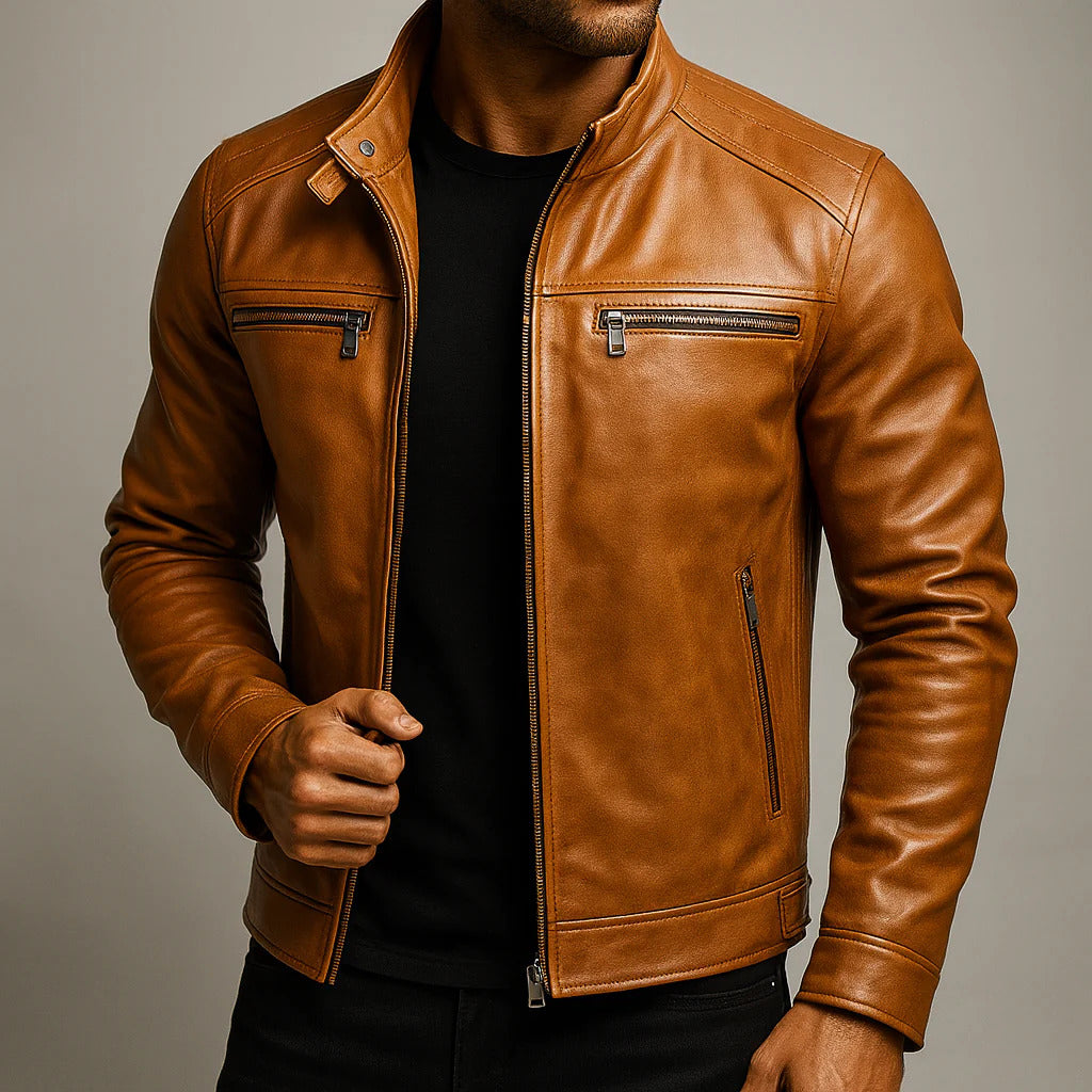 Cain - Men's Zip-Up Leather Jacket with Chest Pockets