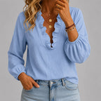Caitlin - Women's Ruffle Trim V-Neck Blouse