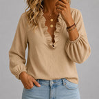 Caitlin - Women's Ruffle Trim V-Neck Blouse