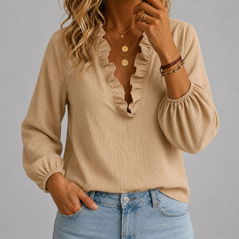 Caitlin - Women's Ruffle Trim V-Neck Blouse