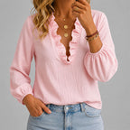 Caitlin - Women's Ruffle Trim V-Neck Blouse