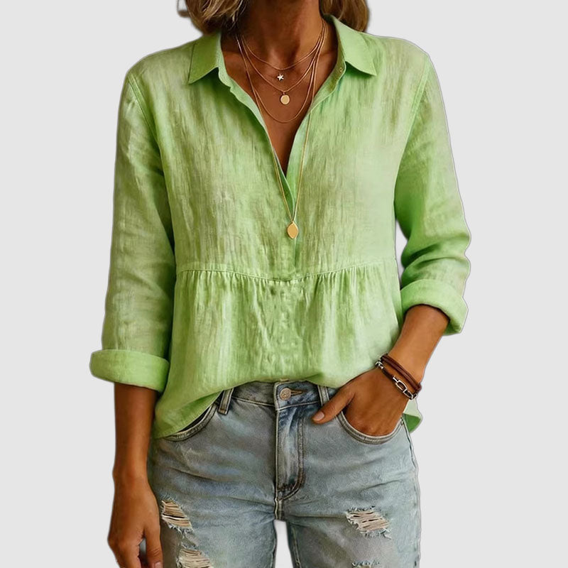 Camille - Women's Long Sleeve Cotton V-Neck Blouse